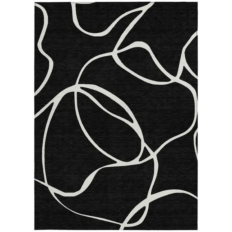 9' X 12' Black And Ivory Abstract Washable Indoor Outdoor Area Rug