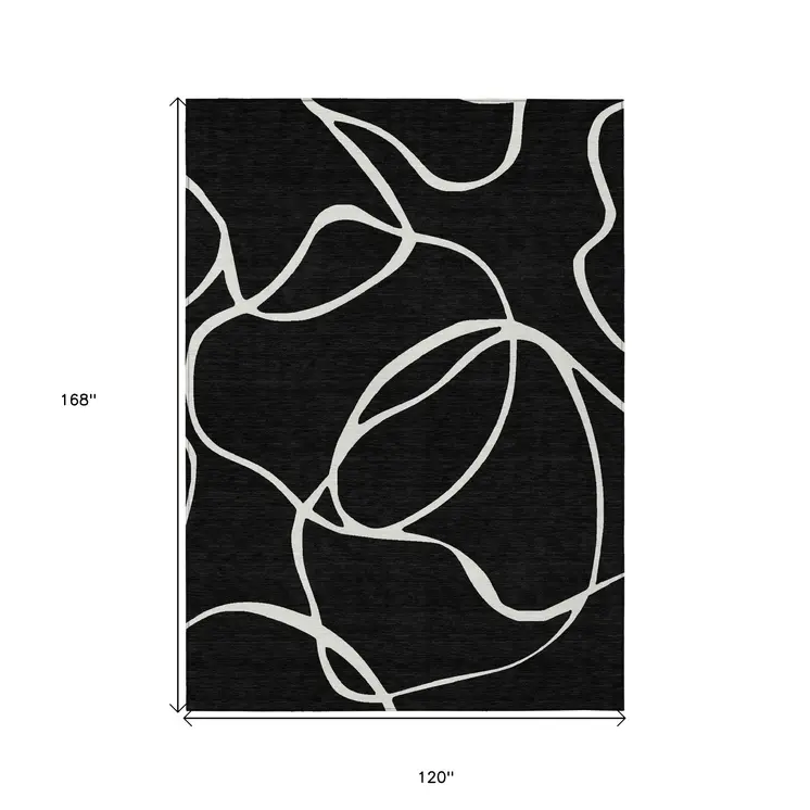 10' X 14' Black And Ivory Abstract Washable Indoor Outdoor Area Rug