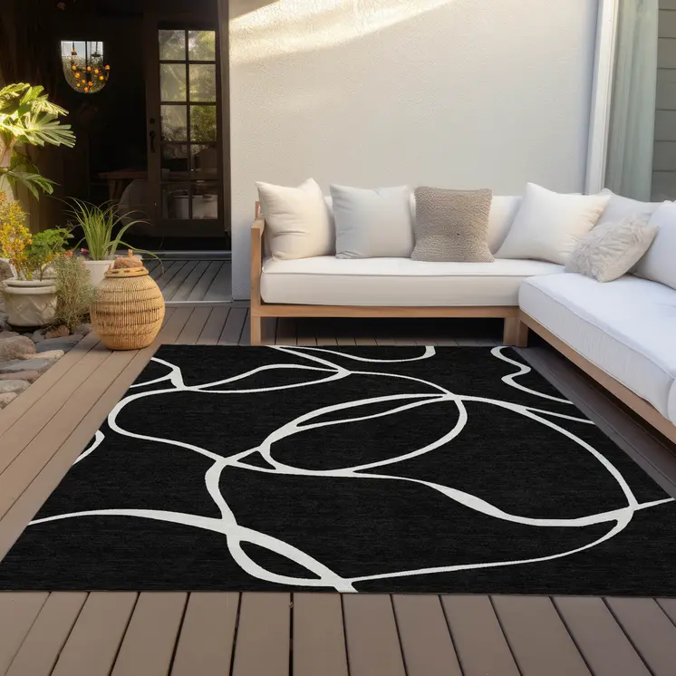 10' X 14' Black And Ivory Abstract Washable Indoor Outdoor Area Rug