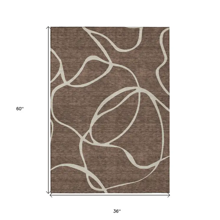 3' X 5' Brown And Beige Abstract Washable Indoor Outdoor Area Rug