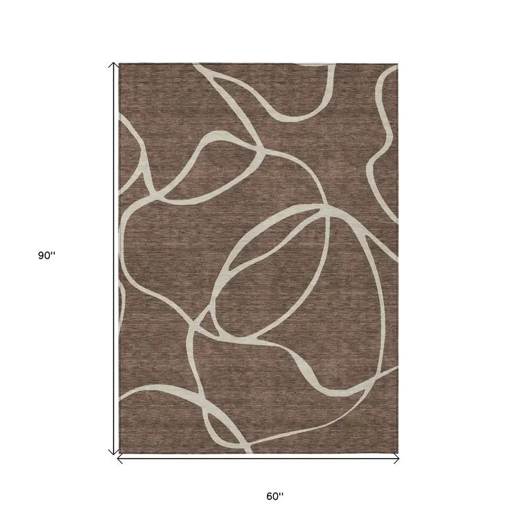5' X 8' Brown And Beige Abstract Washable Indoor Outdoor Area Rug