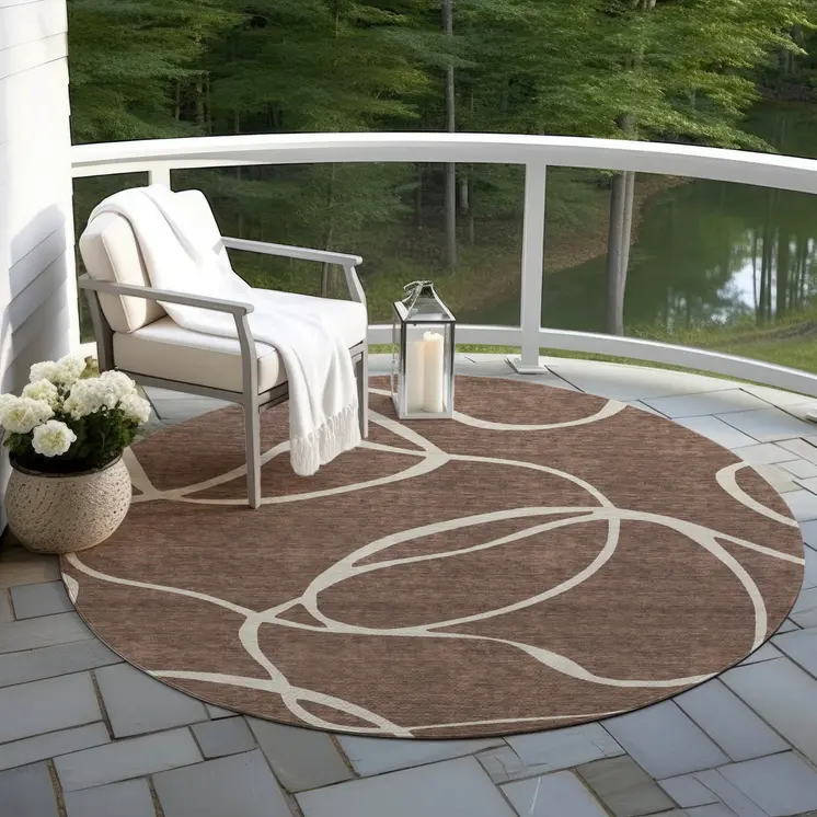 8' Brown And Beige Round Abstract Washable Indoor Outdoor Area Rug