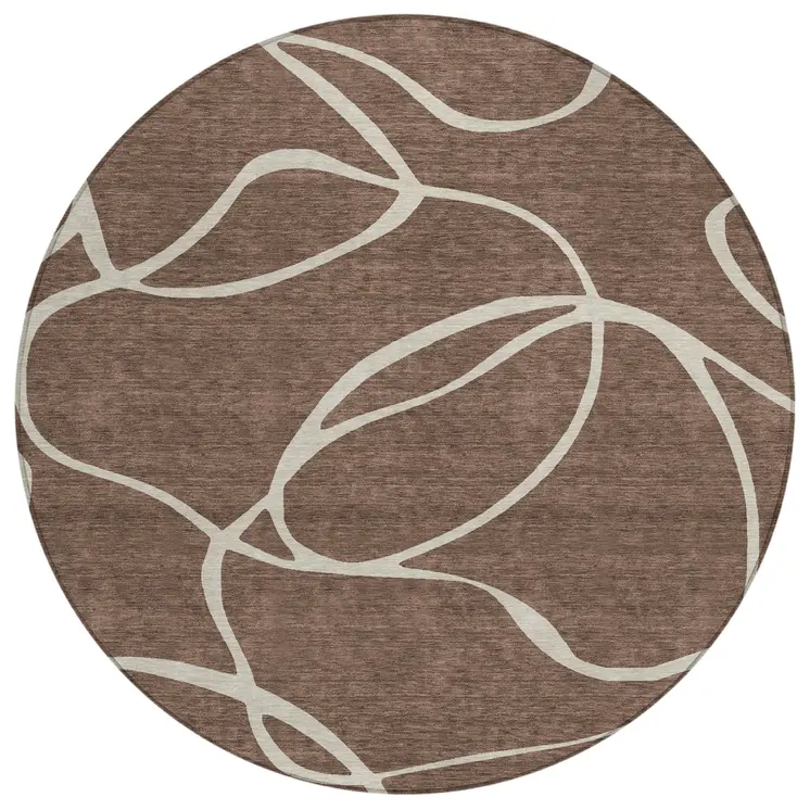 8' Brown And Beige Round Abstract Washable Indoor Outdoor Area Rug