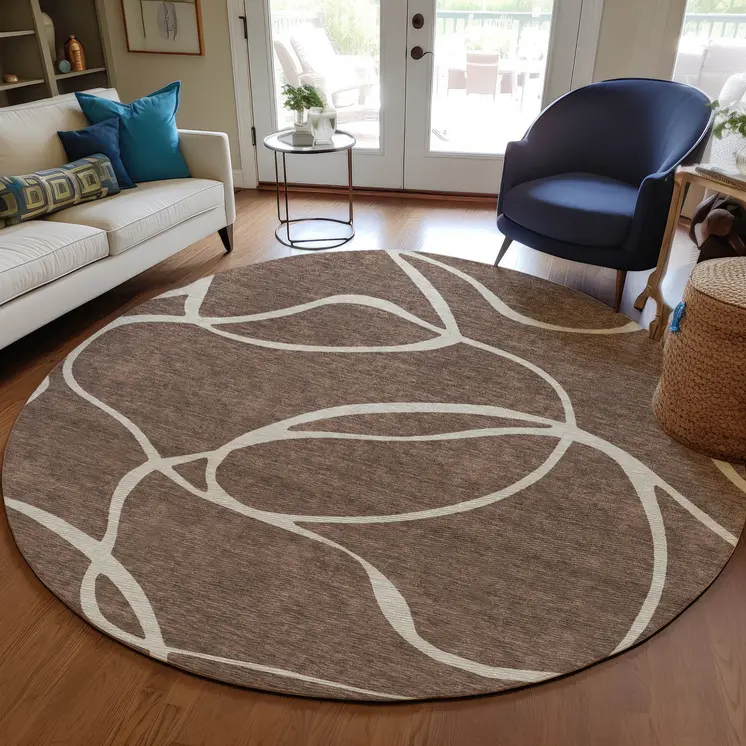 8' Brown And Beige Round Abstract Washable Indoor Outdoor Area Rug