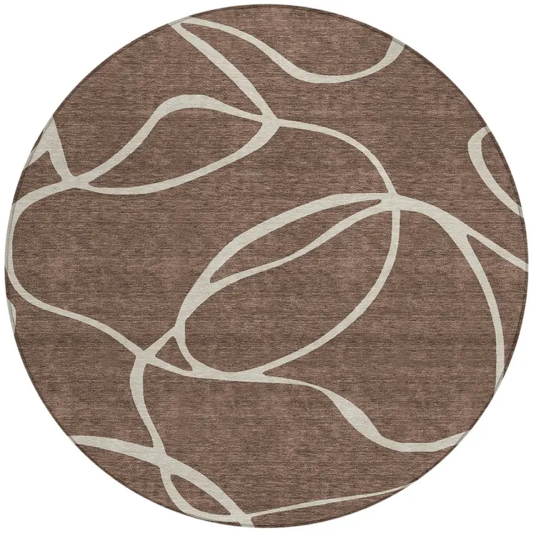 8' Brown And Beige Round Abstract Washable Indoor Outdoor Area Rug