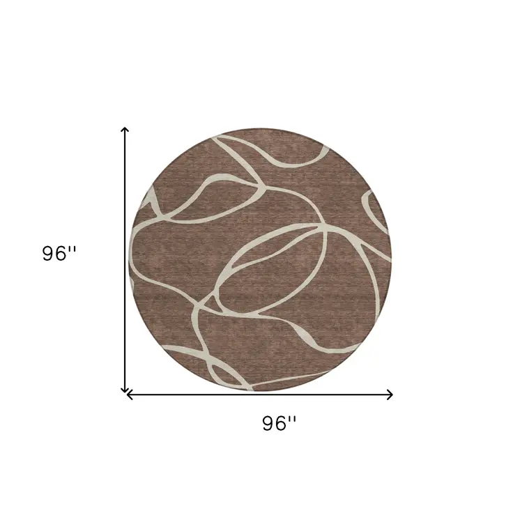 8' Brown And Beige Round Abstract Washable Indoor Outdoor Area Rug