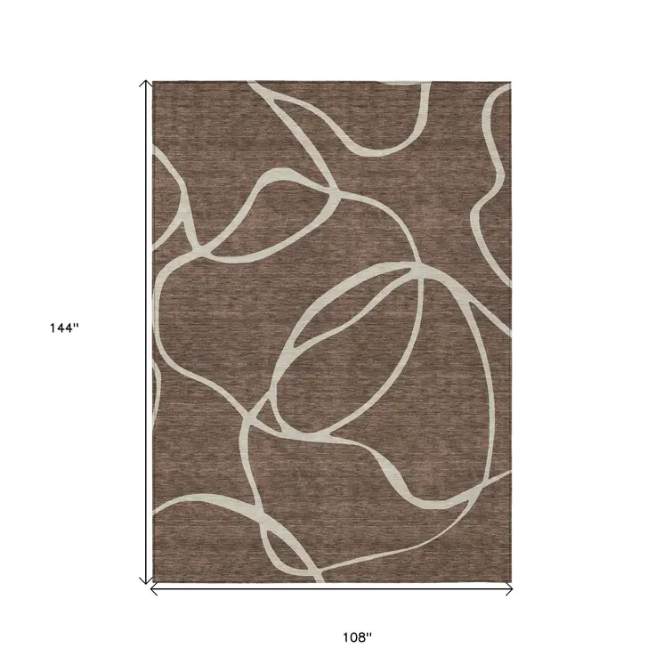 9' X 12' Brown And Beige Abstract Washable Indoor Outdoor Area Rug