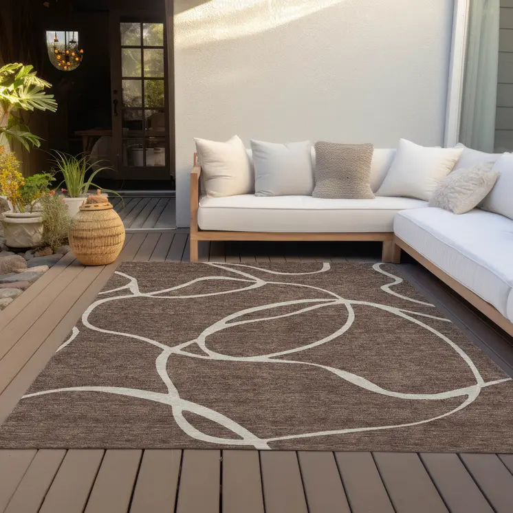 10' X 14' Brown And Beige Abstract Washable Indoor Outdoor Area Rug
