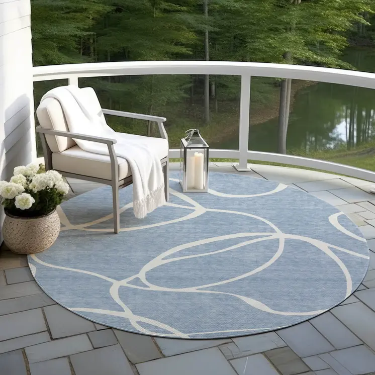 8' Denim Blue And Ivory Round Abstract Washable Indoor Outdoor Area Rug