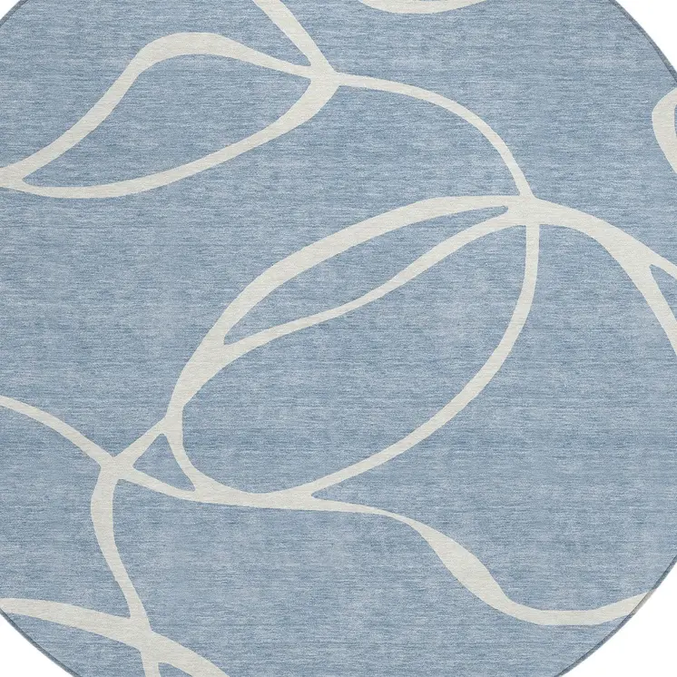 8' Denim Blue And Ivory Round Abstract Washable Indoor Outdoor Area Rug