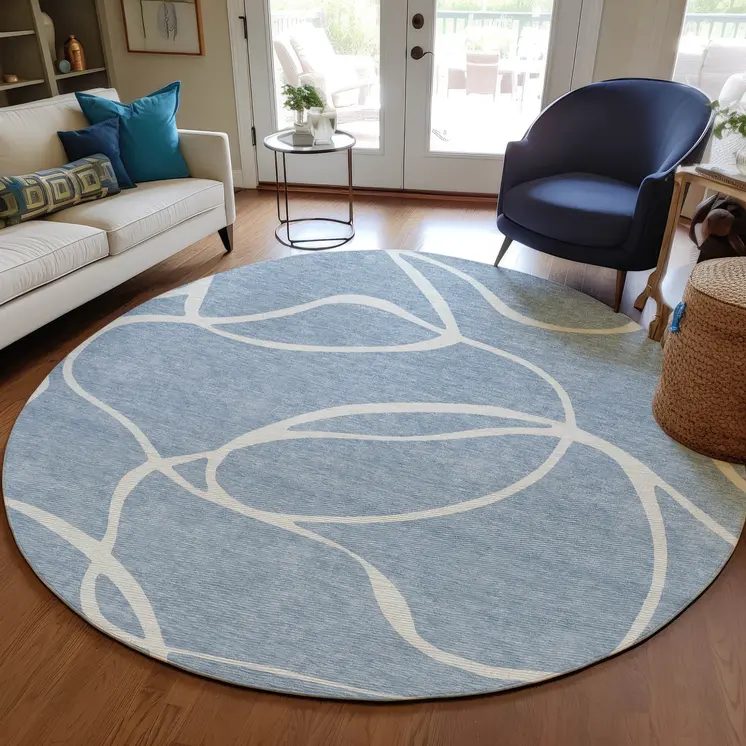 8' Denim Blue And Ivory Round Abstract Washable Indoor Outdoor Area Rug