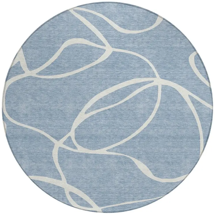 8' Denim Blue And Ivory Round Abstract Washable Indoor Outdoor Area Rug