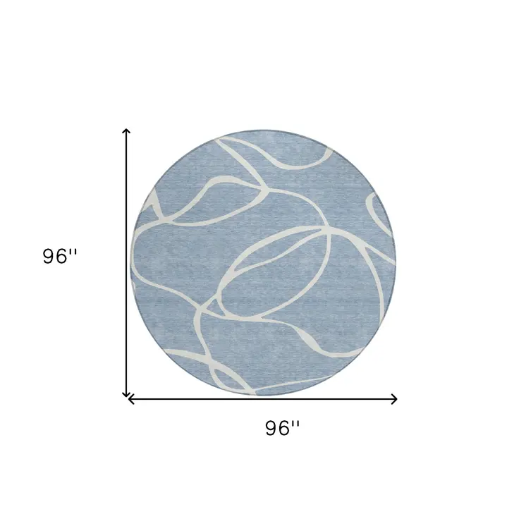 8' Denim Blue And Ivory Round Abstract Washable Indoor Outdoor Area Rug