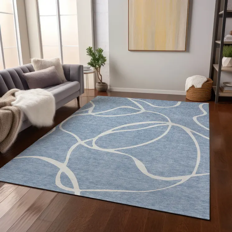 10' X 14' Denim Blue And Ivory Abstract Washable Indoor Outdoor Area Rug