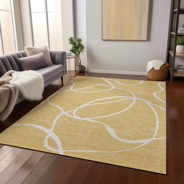 5' X 8' Gold And Ivory Abstract Washable Indoor Outdoor Area Rug