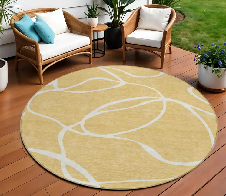 8' Gold And Ivory Round Abstract Washable Indoor Outdoor Area Rug