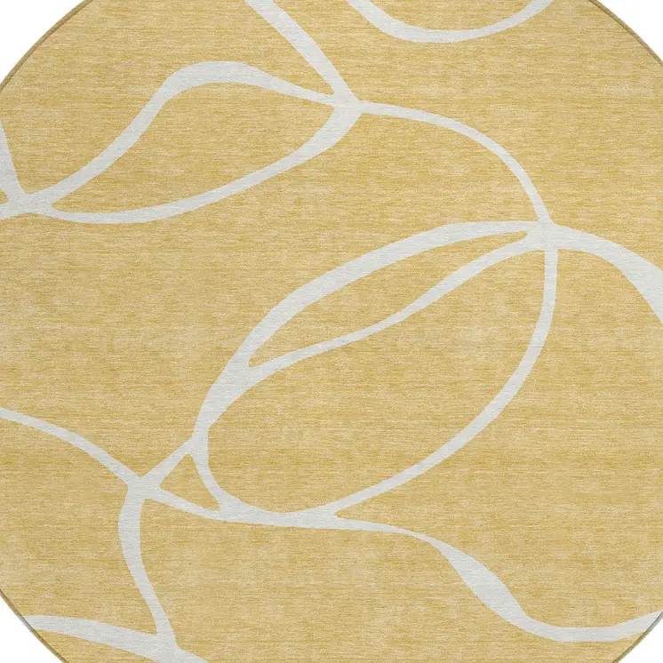 8' Gold And Ivory Round Abstract Washable Indoor Outdoor Area Rug