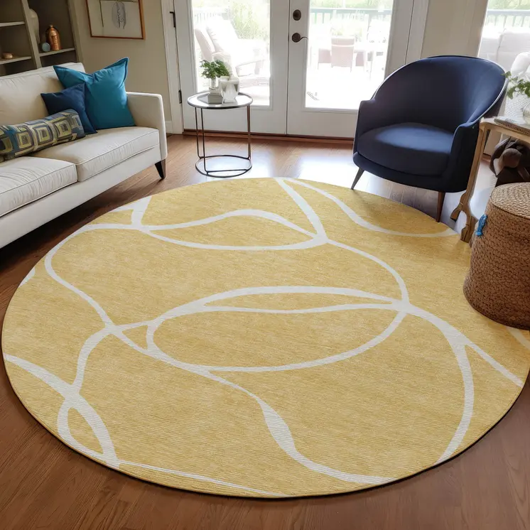 8' Gold And Ivory Round Abstract Washable Indoor Outdoor Area Rug