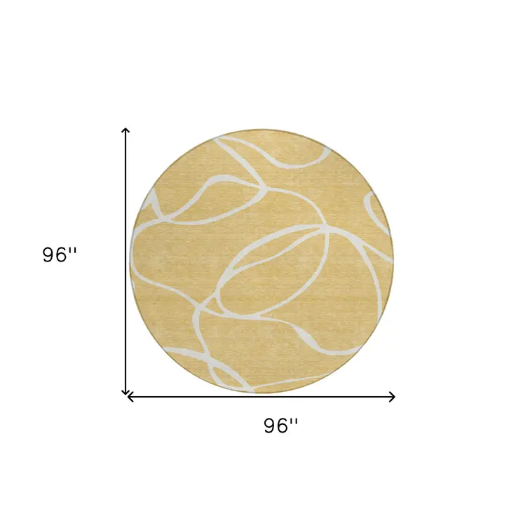 8' Gold And Ivory Round Abstract Washable Indoor Outdoor Area Rug