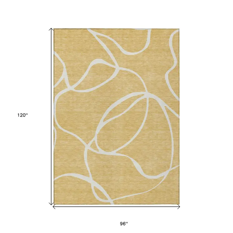 8' X 10' Gold And Ivory Abstract Washable Indoor Outdoor Area Rug