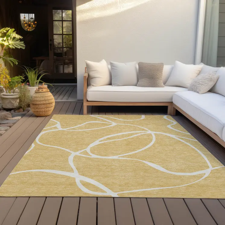 9' X 12' Gold And Ivory Abstract Washable Indoor Outdoor Area Rug
