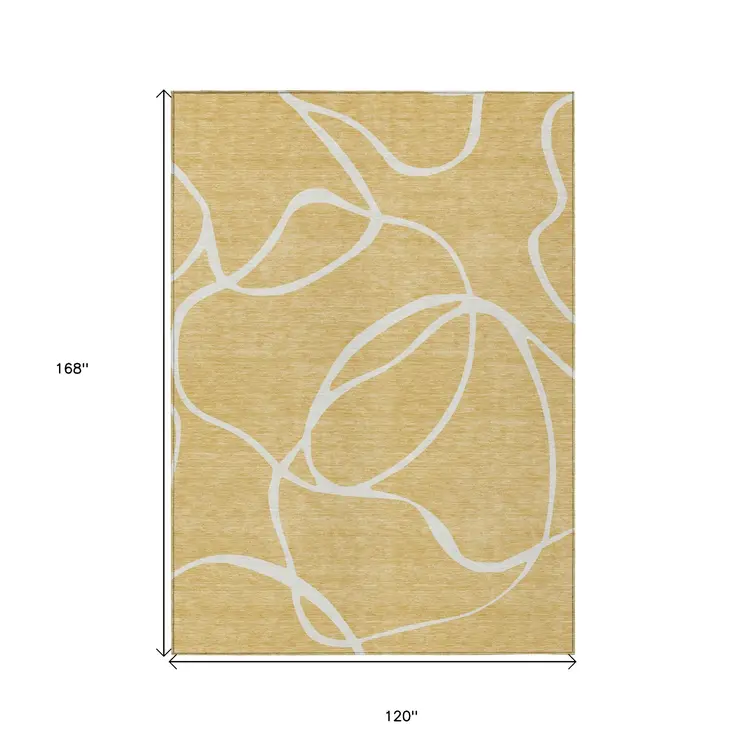 10' X 14' Gold And Ivory Abstract Washable Indoor Outdoor Area Rug