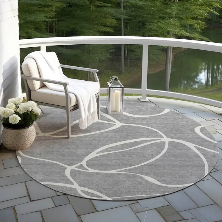 8' Gray And Ivory Round Abstract Washable Indoor Outdoor Area Rug