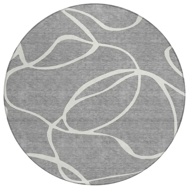 8' Gray And Ivory Round Abstract Washable Indoor Outdoor Area Rug