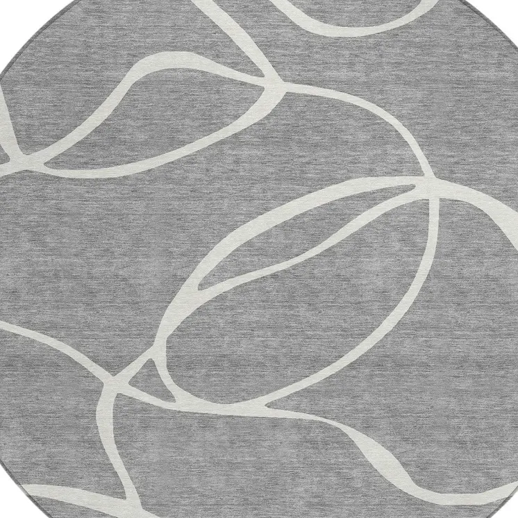 8' Gray And Ivory Round Abstract Washable Indoor Outdoor Area Rug