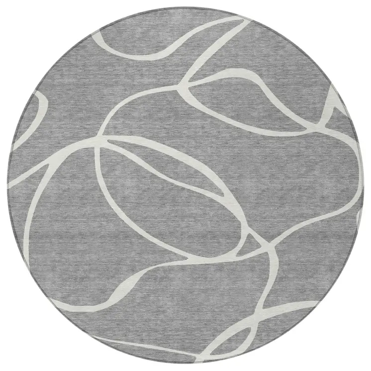 8' Gray And Ivory Round Abstract Washable Indoor Outdoor Area Rug