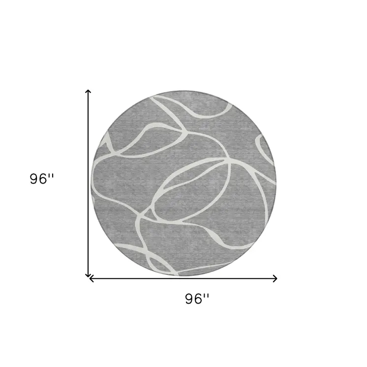 8' Gray And Ivory Round Abstract Washable Indoor Outdoor Area Rug