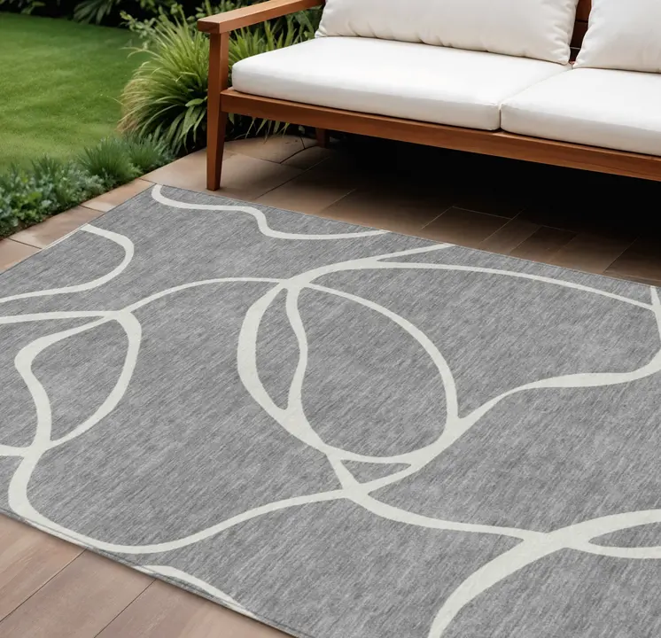8' X 10' Gray And Ivory Abstract Washable Indoor Outdoor Area Rug