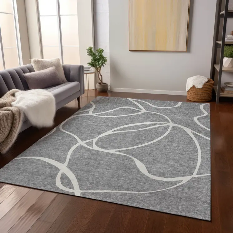 8' X 10' Gray And Ivory Abstract Washable Indoor Outdoor Area Rug
