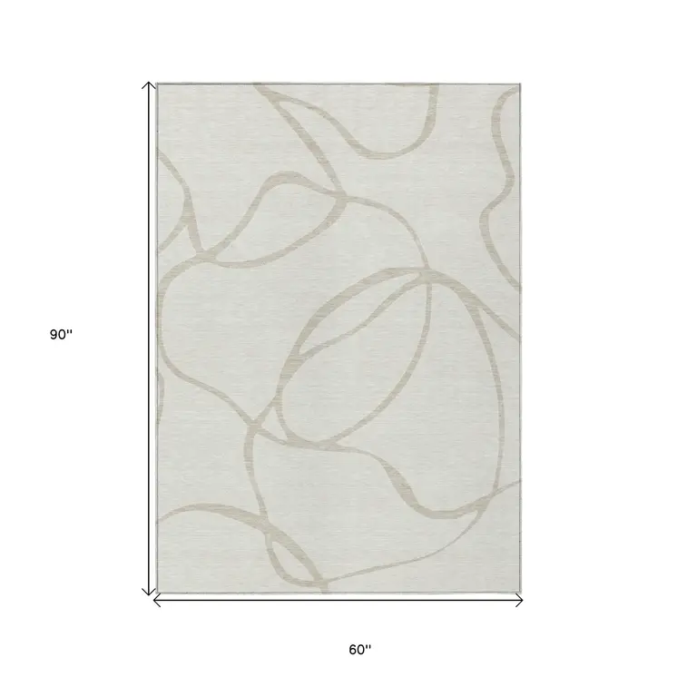 5' X 8' Ivory And Beige Abstract Washable Indoor Outdoor Area Rug