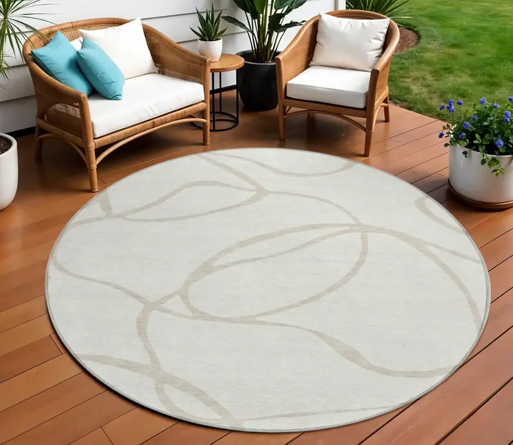 8' Ivory And Beige Round Abstract Washable Indoor Outdoor Area Rug