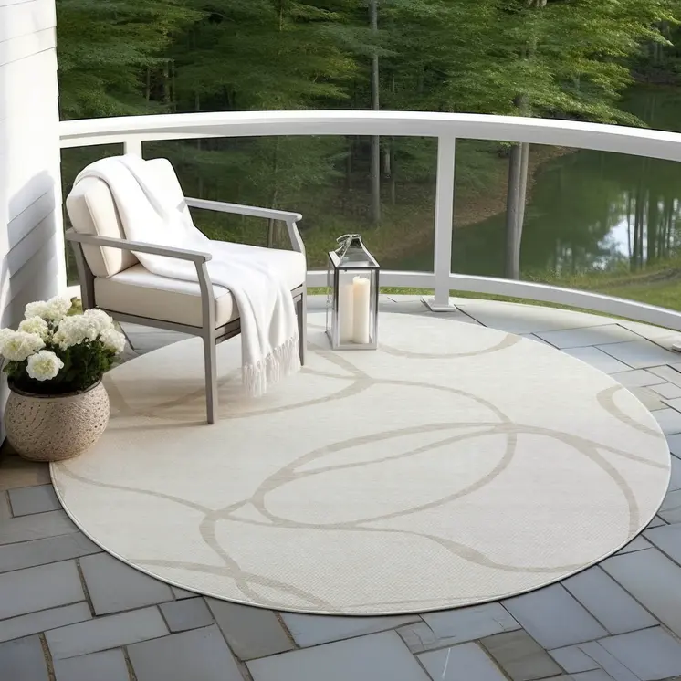 8' Ivory And Beige Round Abstract Washable Indoor Outdoor Area Rug