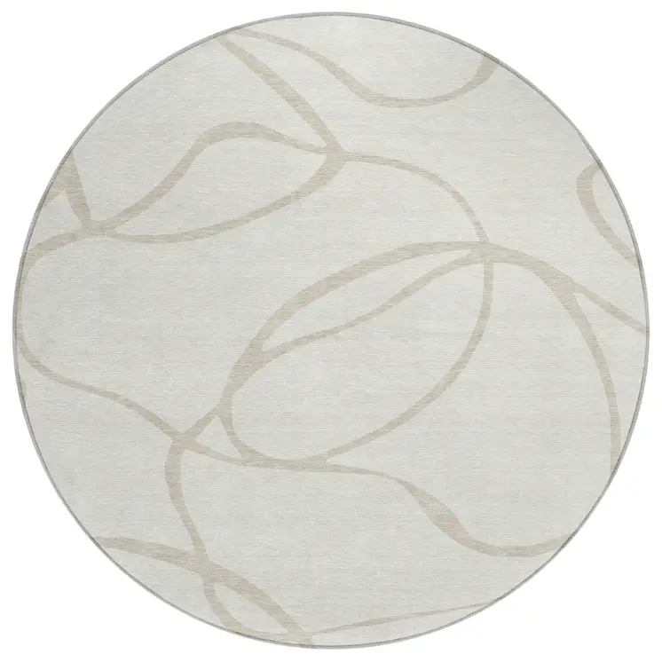 8' Ivory And Beige Round Abstract Washable Indoor Outdoor Area Rug