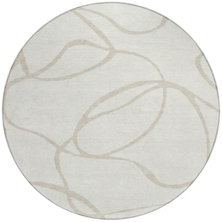 8' Ivory And Beige Round Abstract Washable Indoor Outdoor Area Rug
