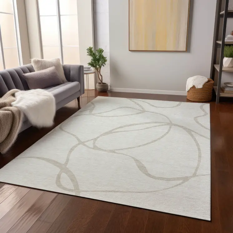 8' X 10' Ivory And Beige Abstract Washable Indoor Outdoor Area Rug