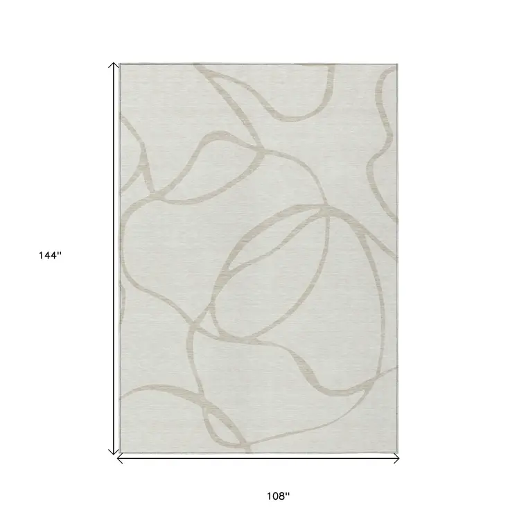 9' X 12' Ivory And Beige Abstract Washable Indoor Outdoor Area Rug