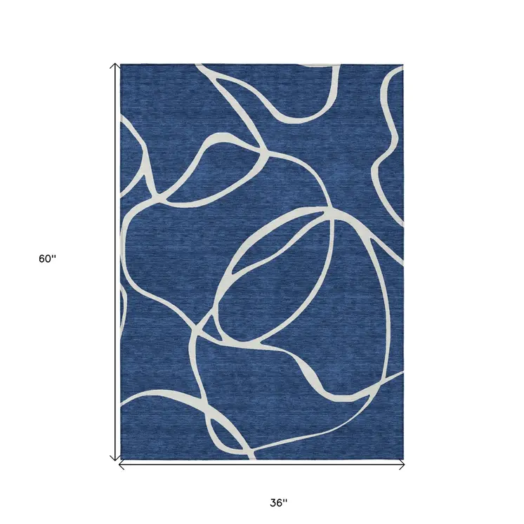 3' X 5' Navy Blue And Ivory Abstract Washable Indoor Outdoor Area Rug