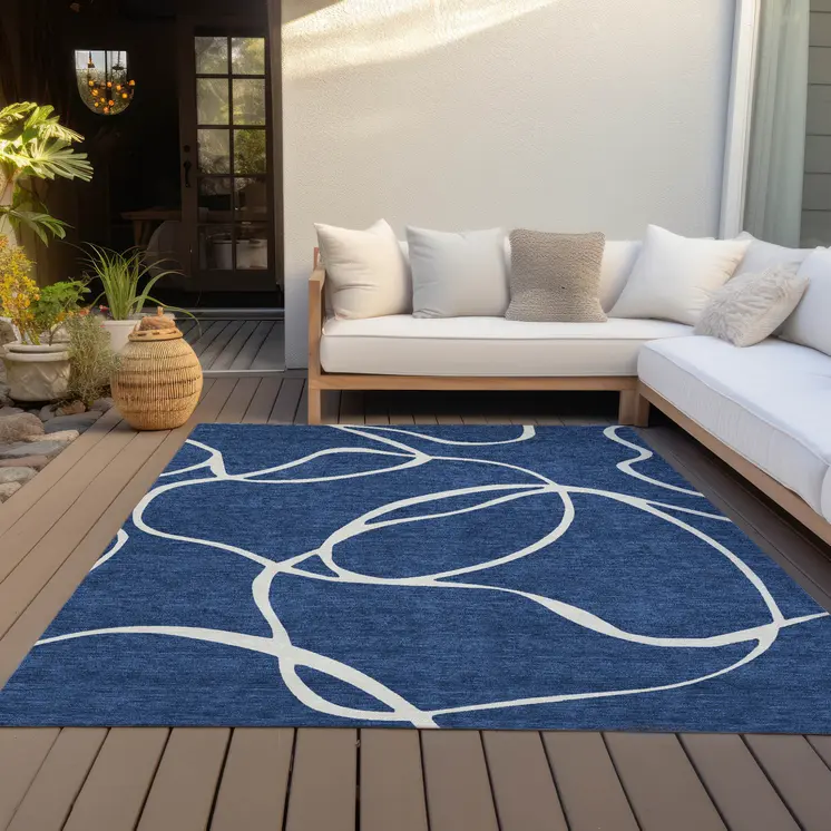 3' X 5' Navy Blue And Ivory Abstract Washable Indoor Outdoor Area Rug
