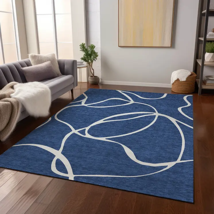 3' X 5' Navy Blue And Ivory Abstract Washable Indoor Outdoor Area Rug