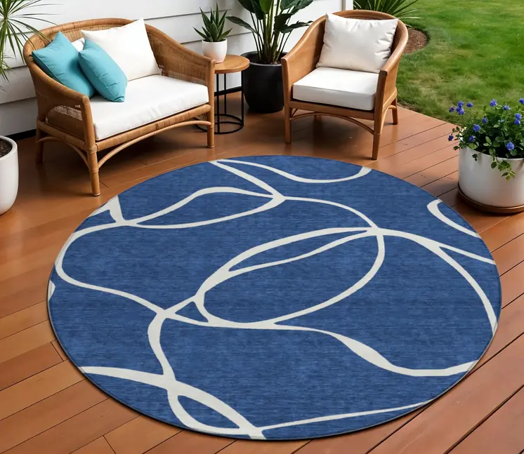 8' Navy Blue And Ivory Round Abstract Washable Indoor Outdoor Area Rug