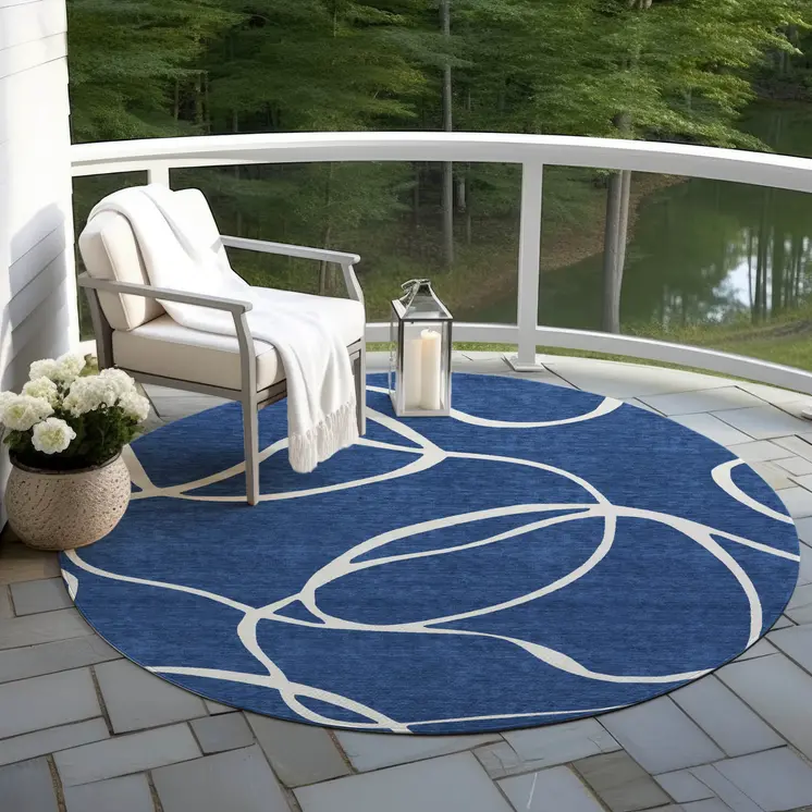 8' Navy Blue And Ivory Round Abstract Washable Indoor Outdoor Area Rug