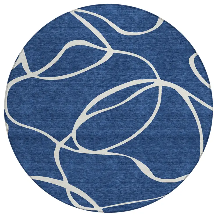 8' Navy Blue And Ivory Round Abstract Washable Indoor Outdoor Area Rug