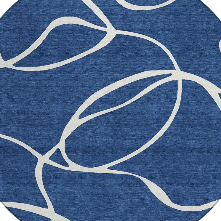 8' Navy Blue And Ivory Round Abstract Washable Indoor Outdoor Area Rug