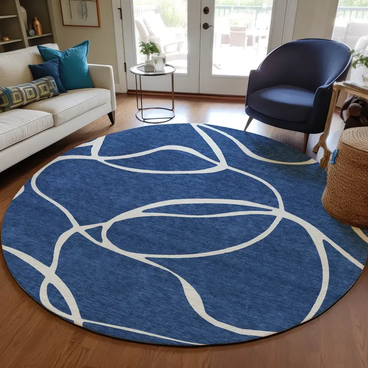 8' Navy Blue And Ivory Round Abstract Washable Indoor Outdoor Area Rug