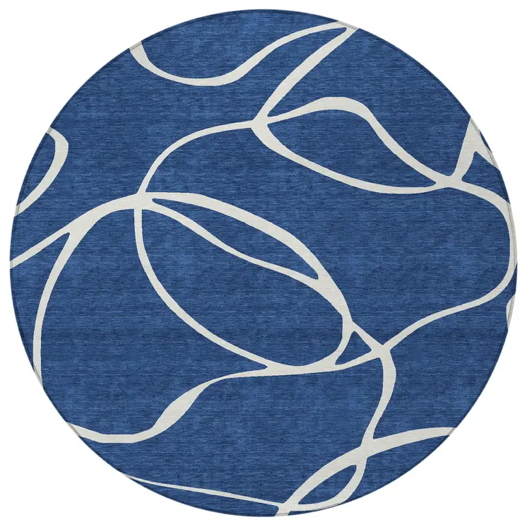 8' Navy Blue And Ivory Round Abstract Washable Indoor Outdoor Area Rug