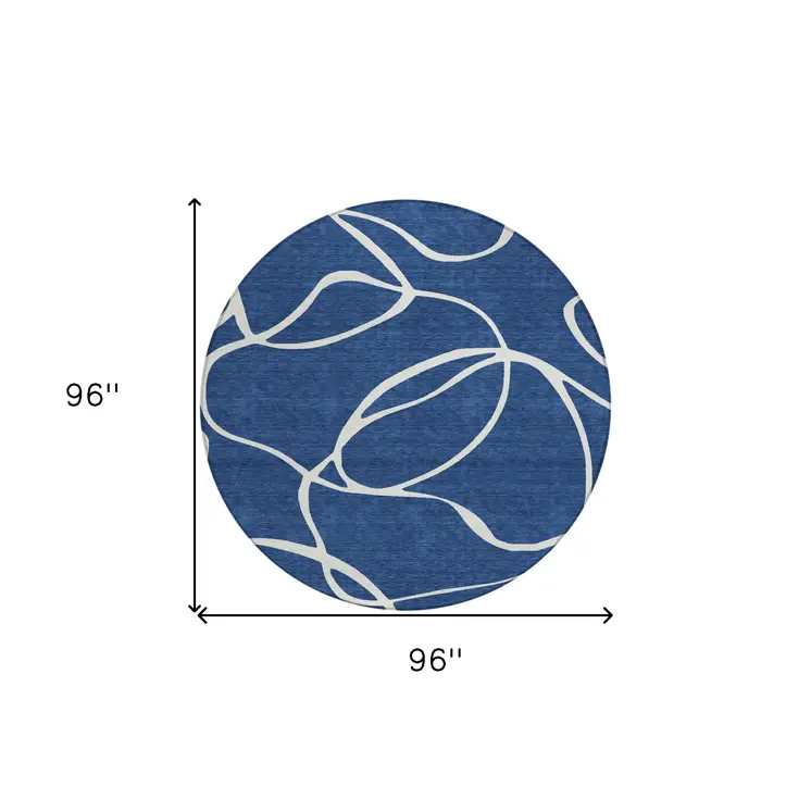 8' Navy Blue And Ivory Round Abstract Washable Indoor Outdoor Area Rug